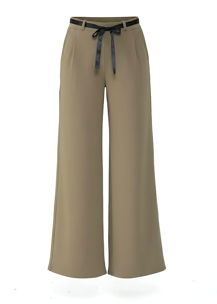 Chic Khaki Belted Wide Leg Crepe Trousers
