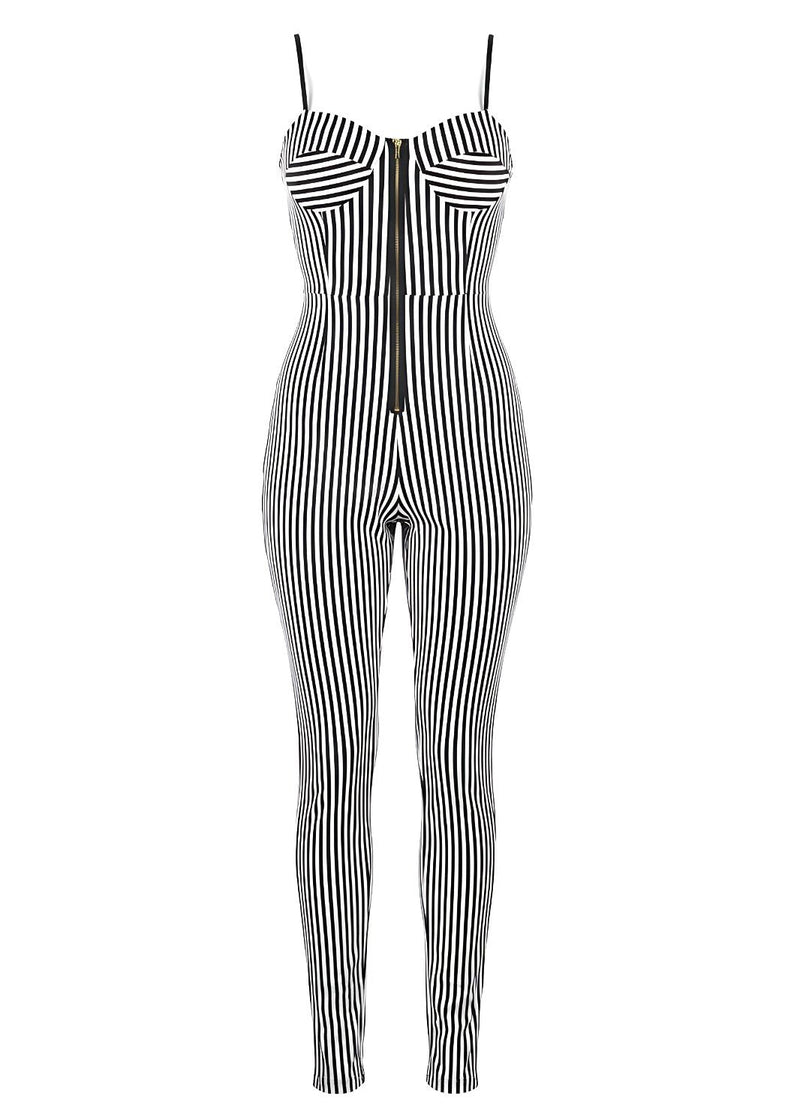 Cup Detail Fitted Chic Style Black & White Zip Front Jumpsuit
