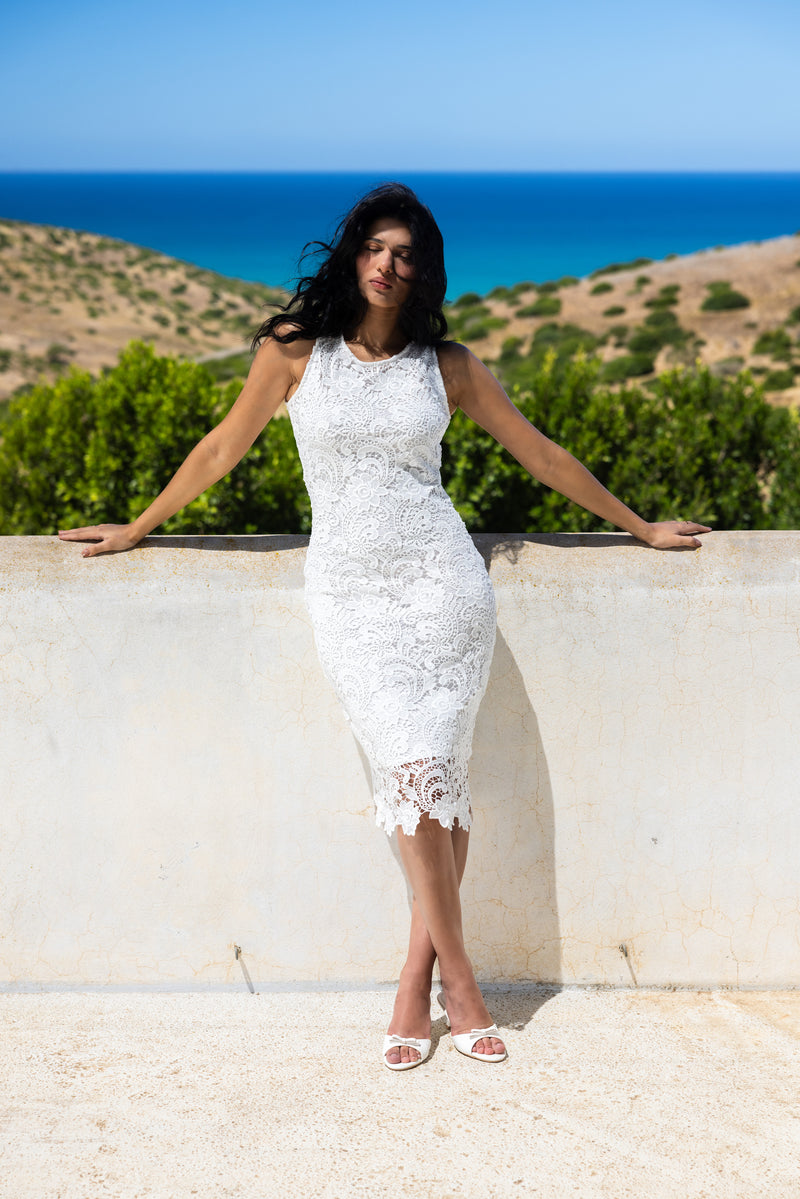 White Lace Semi-Formal Sleeveless Midi Dress