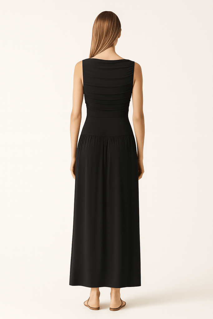 Draped bodice jersey flowy skirt style evening dress, elegant soft fabric gown black color back look