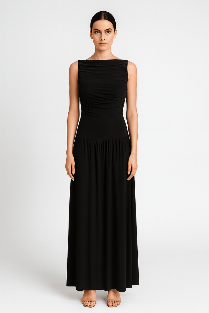 Draped bodice jersey flowy skirt style evening dress, elegant soft fabric gown front look black color