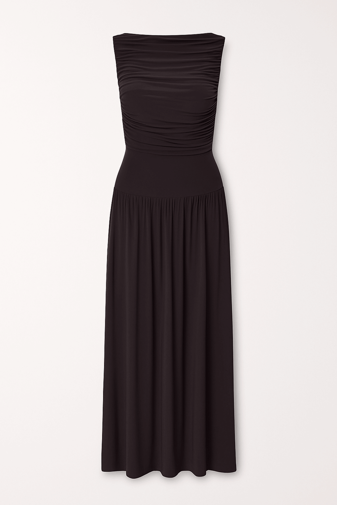 Draped bodice jersey flowy skirt style evening dress, elegant soft fabric gown black color