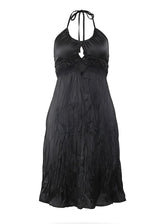 Embellished Black Satin Crinkle Halter Neck Midi Dress