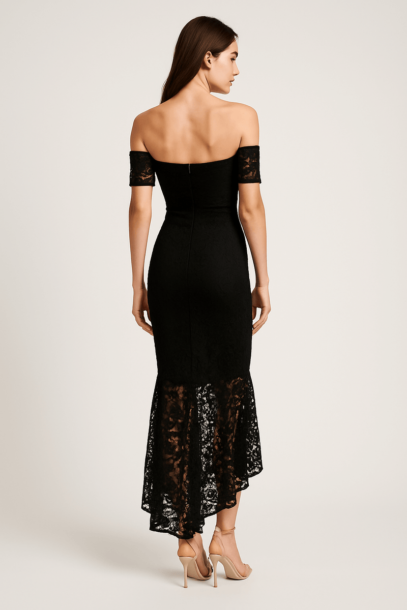 Fishtail style hem off shoulder slim fit lace midi dress, elegant feminine cocktail dress with lace details back view