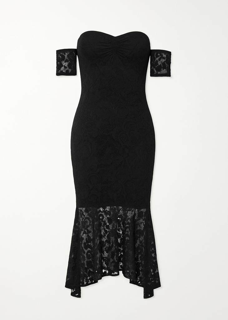 Fishtail style hem off shoulder slim fit lace midi dress, elegant feminine cocktail dress with lace details