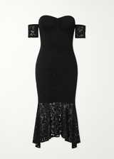 Fishtail style hem off shoulder slim fit lace midi dress, elegant feminine cocktail dress with lace details