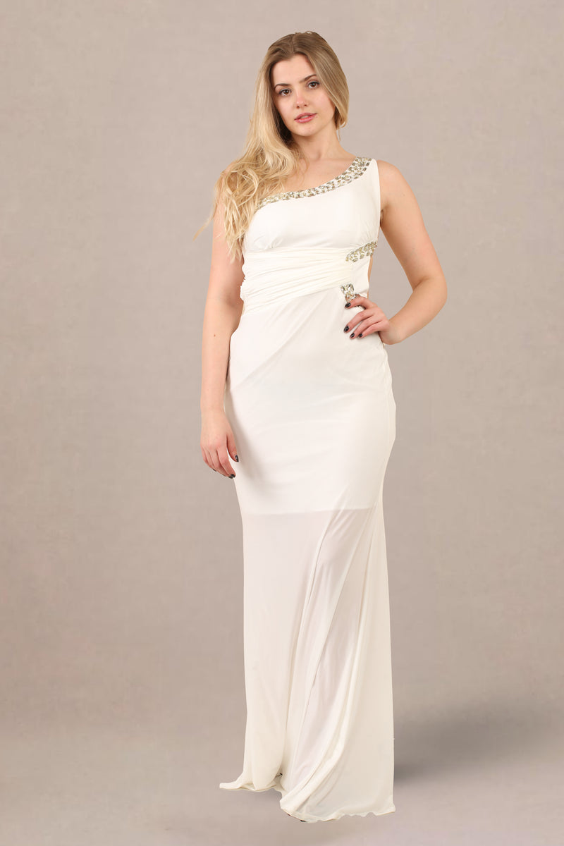 Closeup detail of embellishments on fitted formal dress one shoulder maxi gown