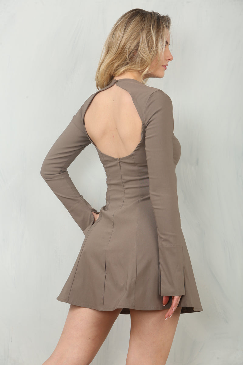 back view of fitted long sleeve A-line style mini dress