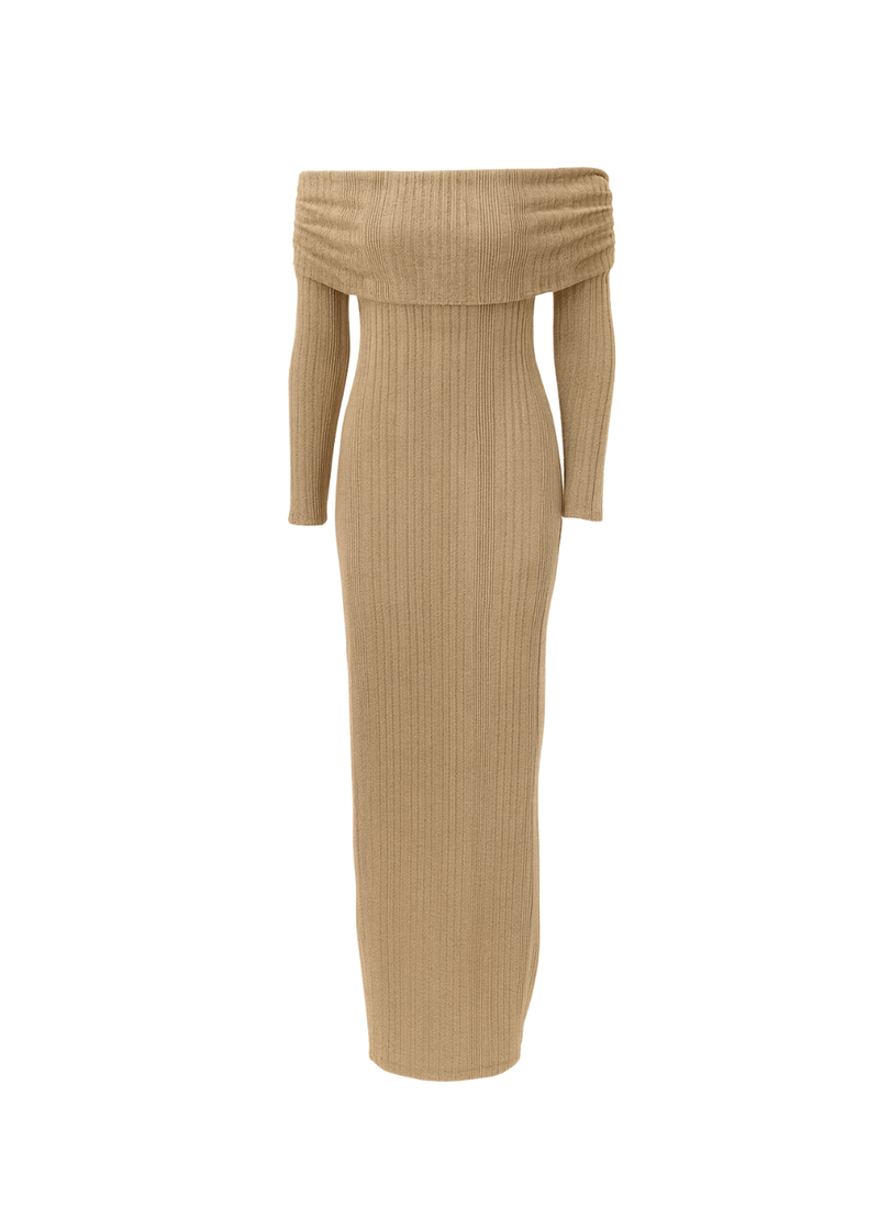 Folded Bardot neckline ribbed knit off shoulder dress front general view