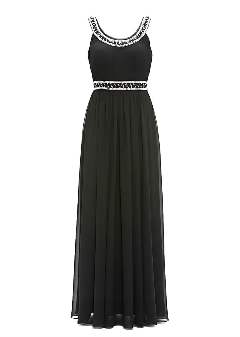 Formal Black Chiffon Crystal Embellished Scoop Neck Maxi Dress