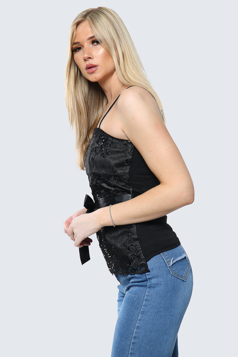 Lacy Spaghetti Strap Embroidery Corset Detail Top - Tops - Avinci