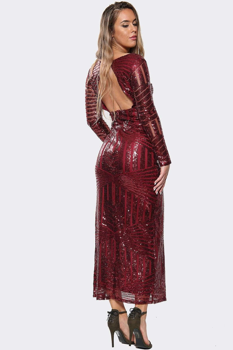 Embellished Sequin Long Sleeve Split Midi Dress - Midi Dress - Avinci