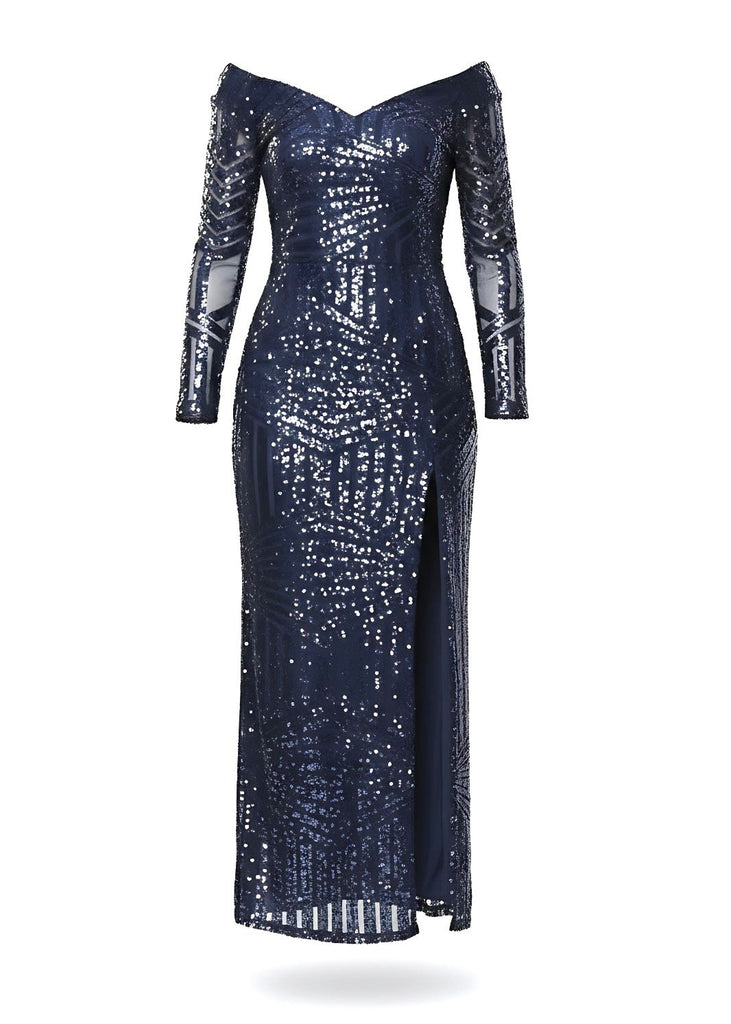 Glitter Sequin Maxi Dress With Long Sleeves And Front Split
