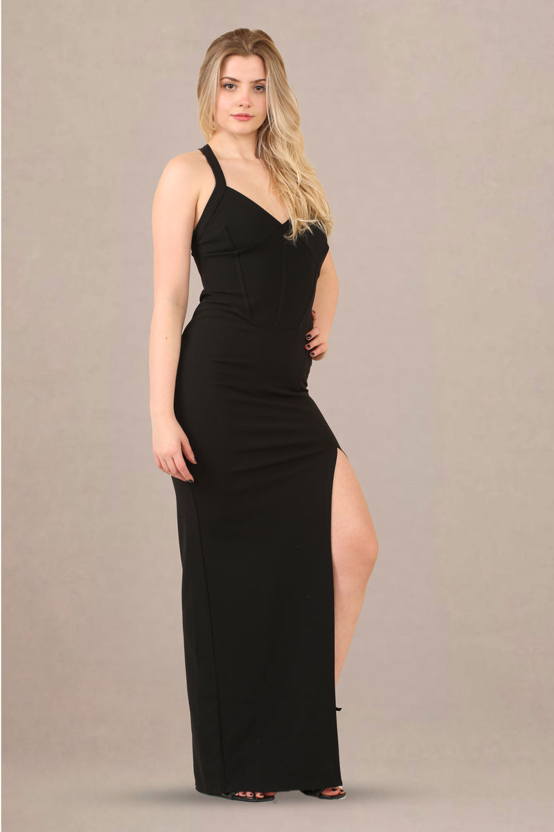 Maxi Dress in Slinky Fabric with High Neck and Side Cut-Outs - Maxi Dress - Avinci