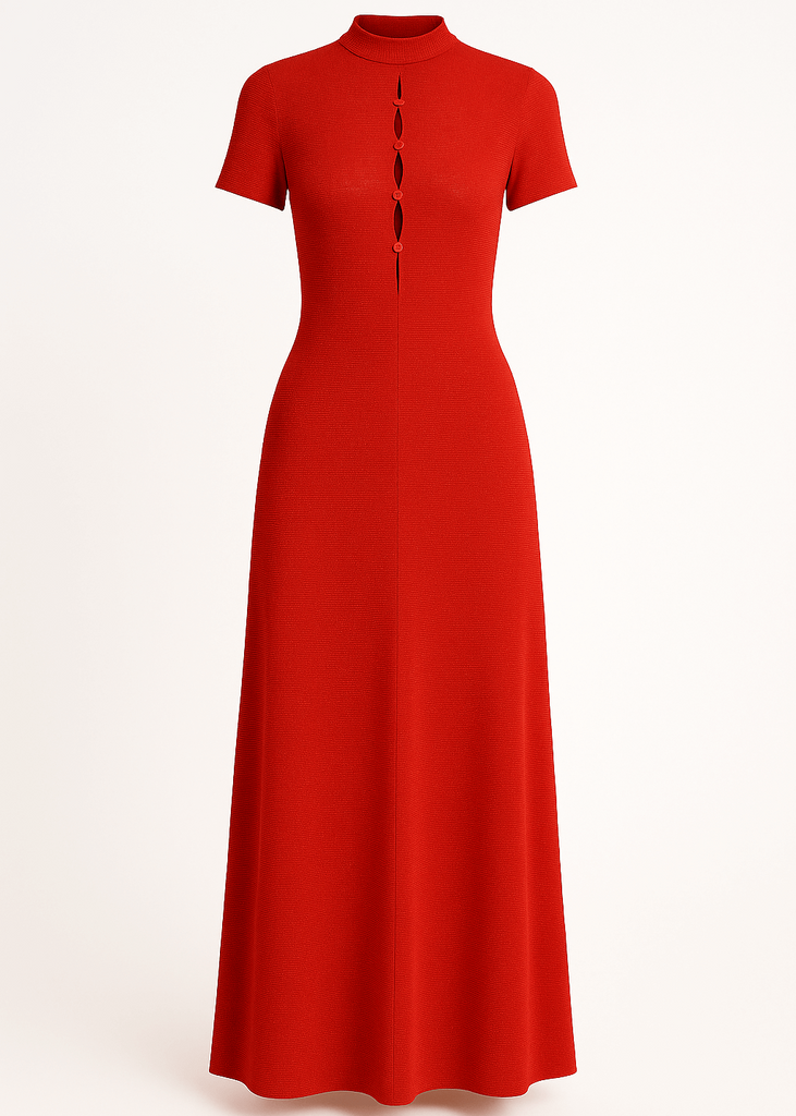 Red keyhole detailed sparkly slim fit high neckline maxi dress, elegant evening gown front  view.