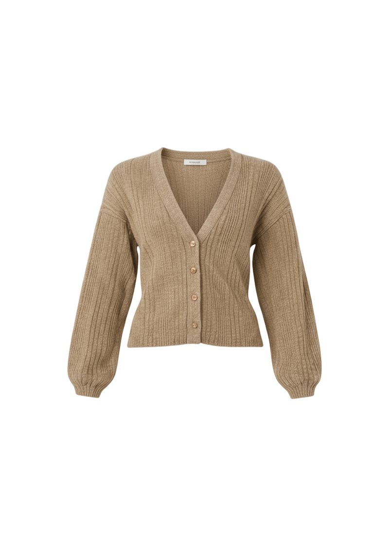 Beige Lightweight Classic Front Button Ribbed V-Neck Top