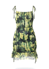 Lime Tie Dye Mesh Ruched Side Bodycon Mini Dress