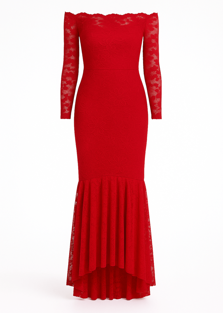 Red floral bodycon red lace off-shoulder maxi dress main display
