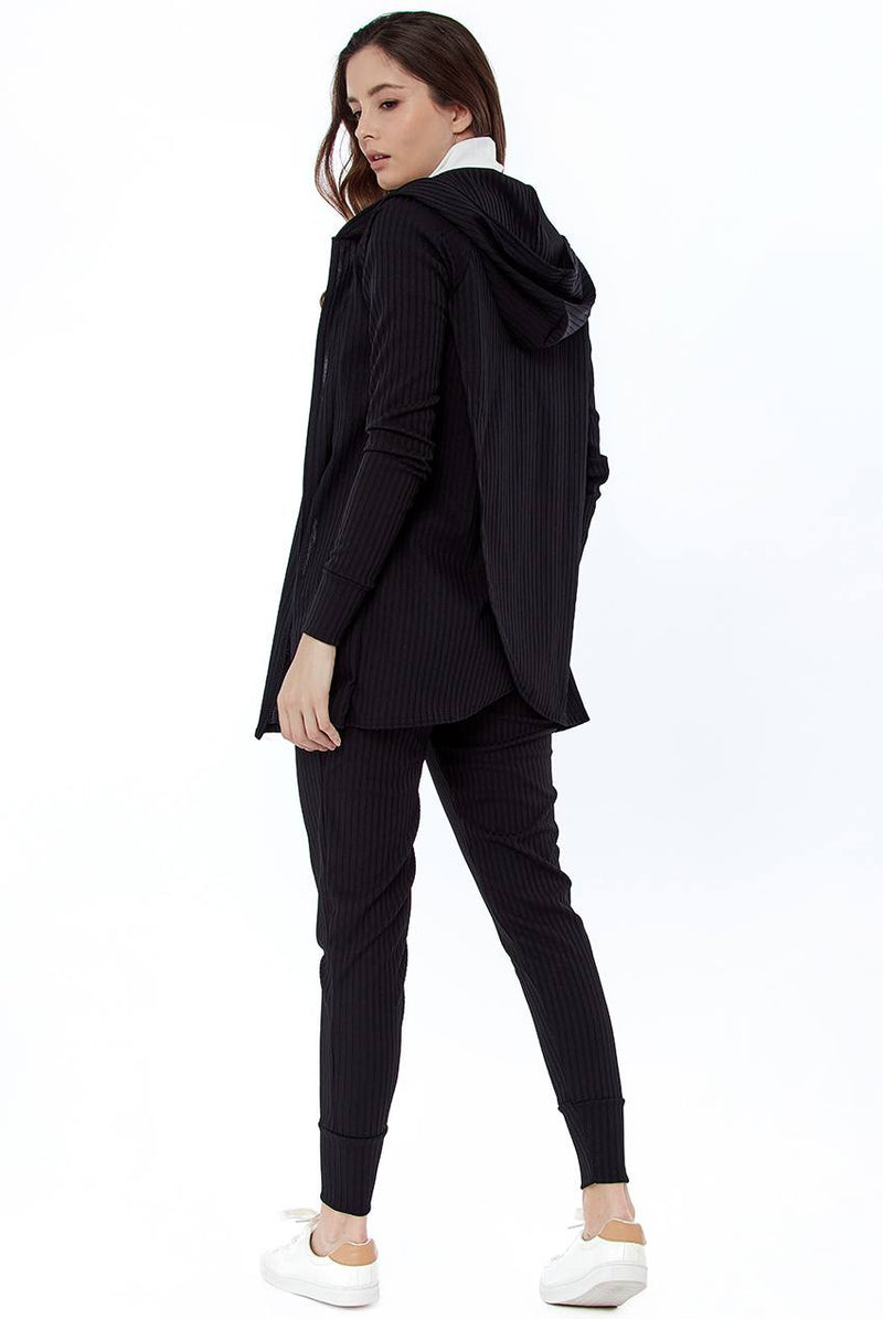 Wrap Back Cardigan with Hoodie and Leggings Ribbed Loungewear - Loungewear - Avinci