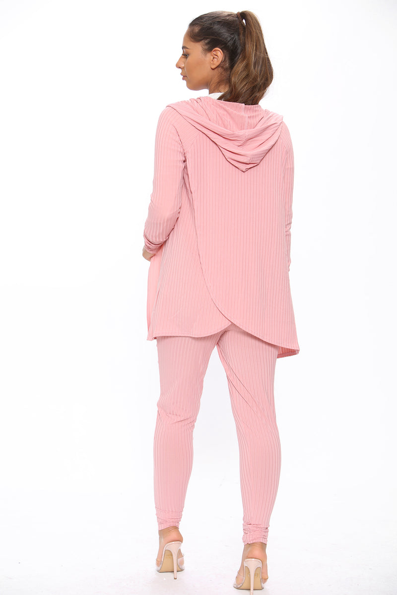 Wrap Back Cardigan with Hoodie and Leggings Ribbed Loungewear - Loungewear - Avinci