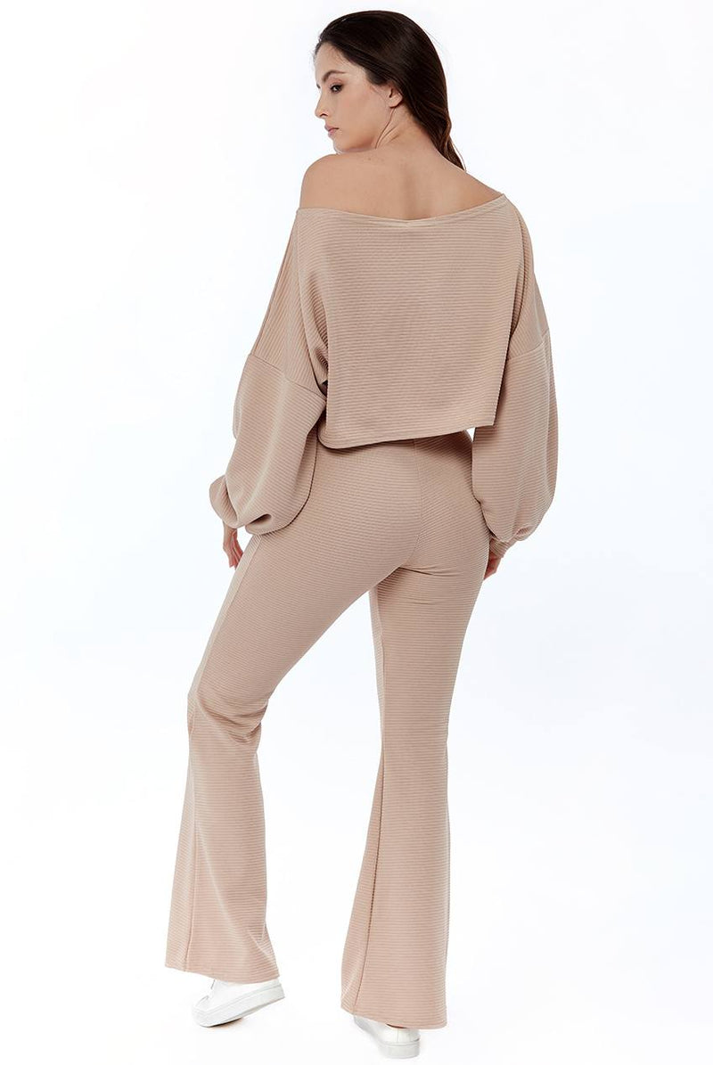 Cropped Off the Shoulder Ribbed Loungewear Set - Loungewear - Avinci