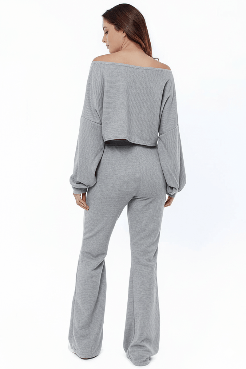 Grey Ribbed Two-Piece Off-the-Shoulder Crop Top Wide Leg Trouser Set
