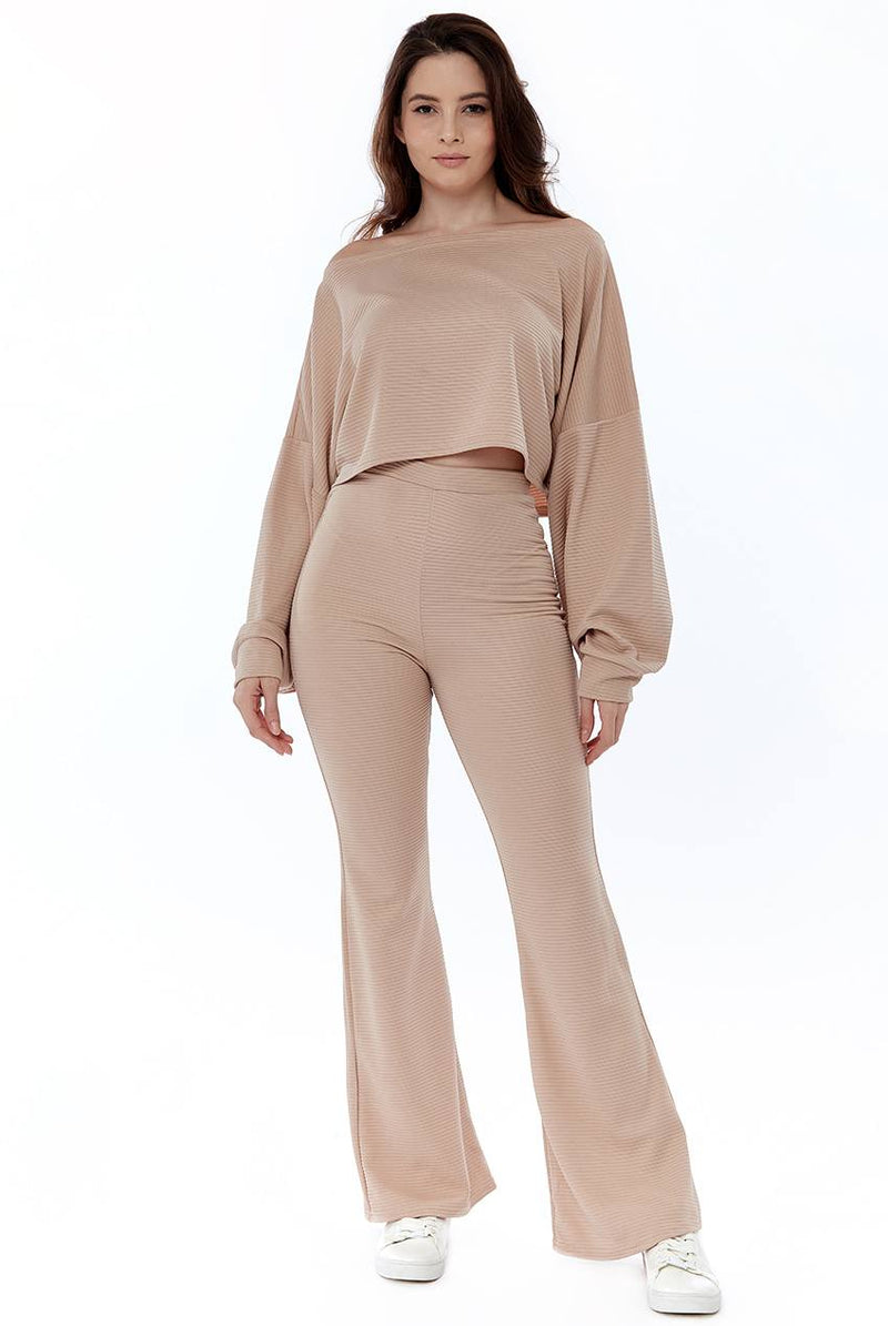 Cropped Off the Shoulder Ribbed Loungewear Set - Loungewear - Avinci