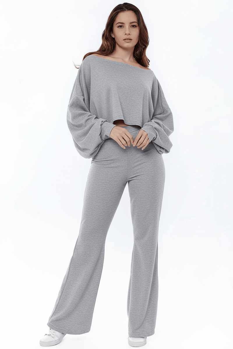 Grey Ribbed Two-Piece Off-the-Shoulder Crop Top Wide Leg Trouser Set