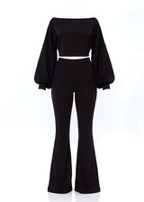 Ribbed Two-Piece Off-the-Shoulder Crop Top Wide Leg Trouser Set