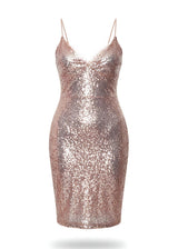 Rose Gold Sequin Strappy Midi Dress with V-Neckline
