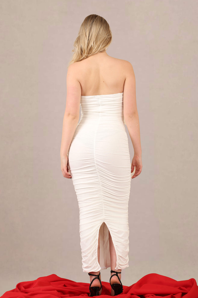 Ruched bodycon fit slinky bandeau midi dress back view