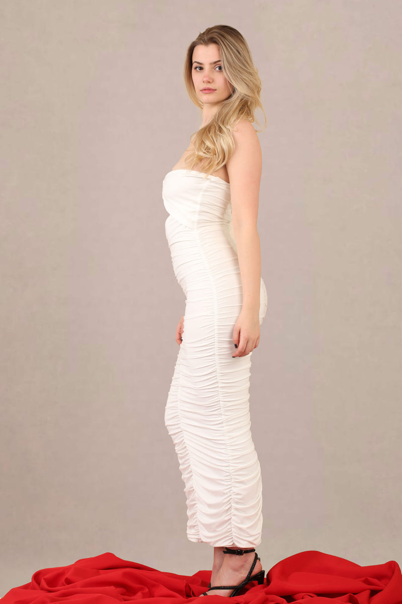 Ruched bodycon fit slinky bandeau midi dress left side view