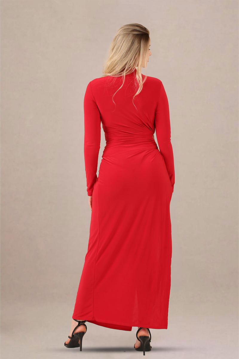 Back view of ruched cut-out high neck thigh slit maxi dress