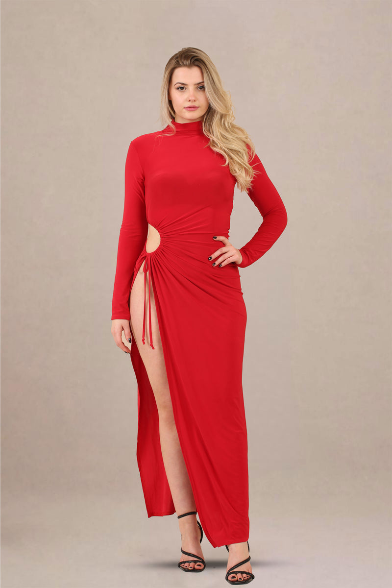 Right side pose view of ruched cut-out high neck thigh slit maxi dress