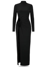 Ruched Cut-Out High Neck Thigh Slit Maxi Dress