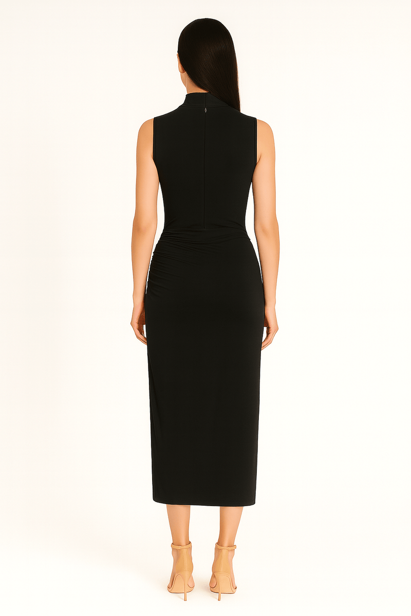 Back view of ruched slim fit jersey sleeveless midi dress in black color highlighting the fit