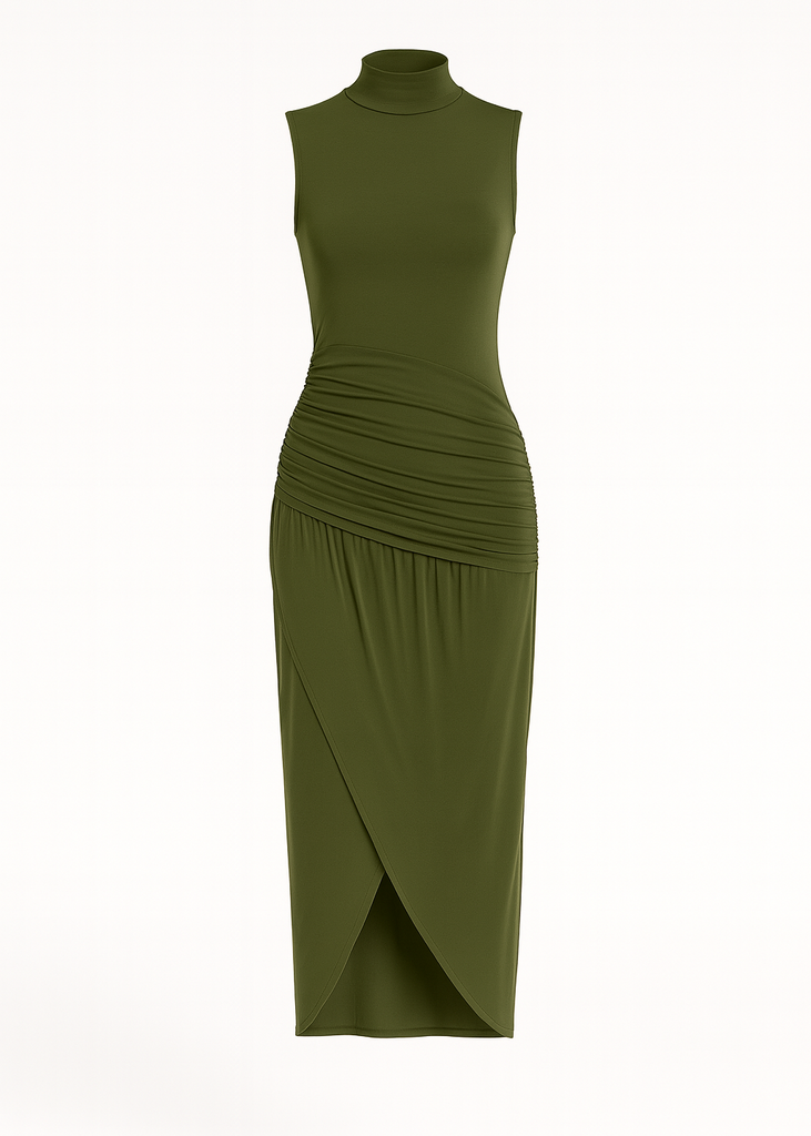 ruched slim fit jersey sleeveless midi dress, elegant and comfortable