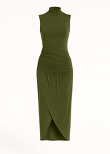 ruched slim fit jersey sleeveless midi dress, elegant and comfortable