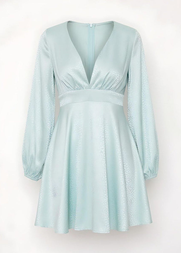 Satin Stitched Waist Mini Dress Long Sleeve Flowing Silhouette