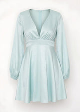 Satin Stitched Waist Mini Dress Long Sleeve Flowing Silhouette