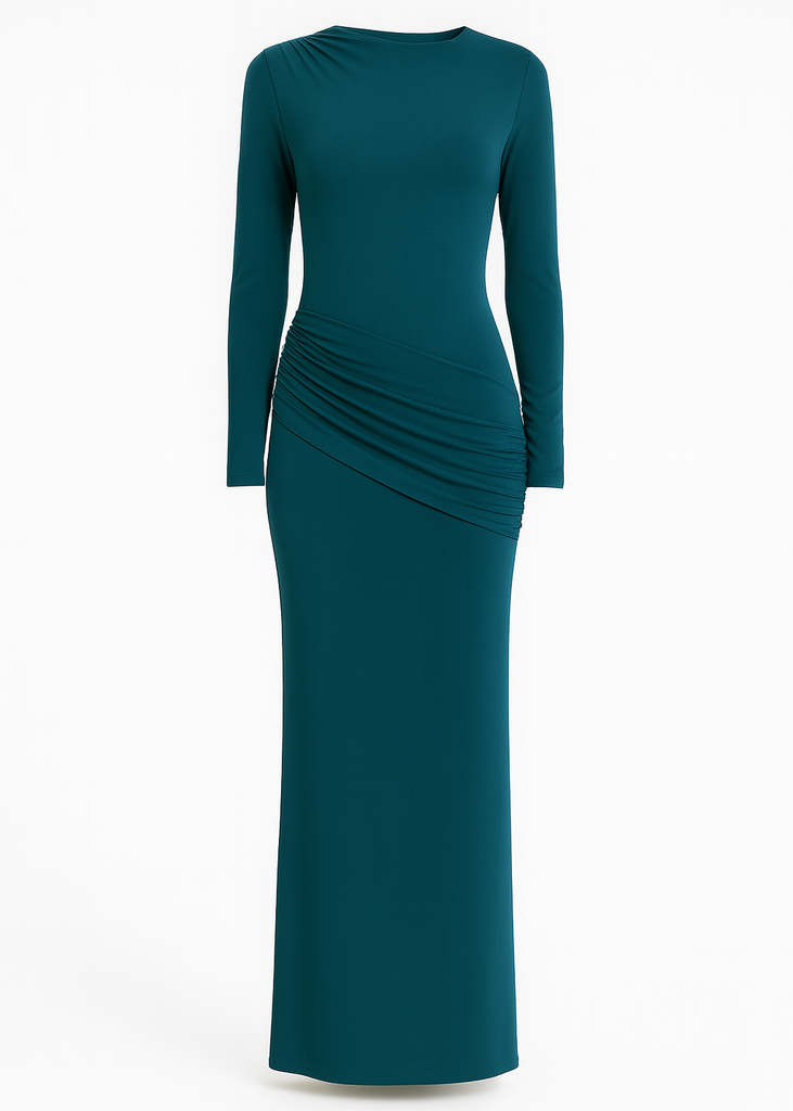 side ruching bodycon full sleeve jersey evening gown, elegant silhouette
