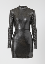 Silver metallic sequin long sleeve bodycon mini dress, shimmering fitted party wear for women