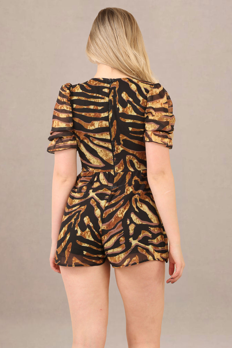 V-neck relaxed fit cotton short sleeve romper animal print back view
