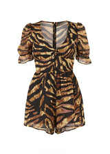 V-Neck Relaxed Fit Cotton Short Sleeve Romper Animal Print