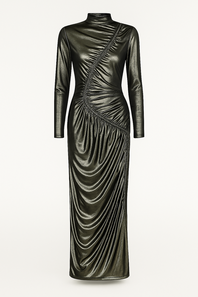Venechia foil bodycon fit long sleeve maxi dress, shiny fitted evening gown black color