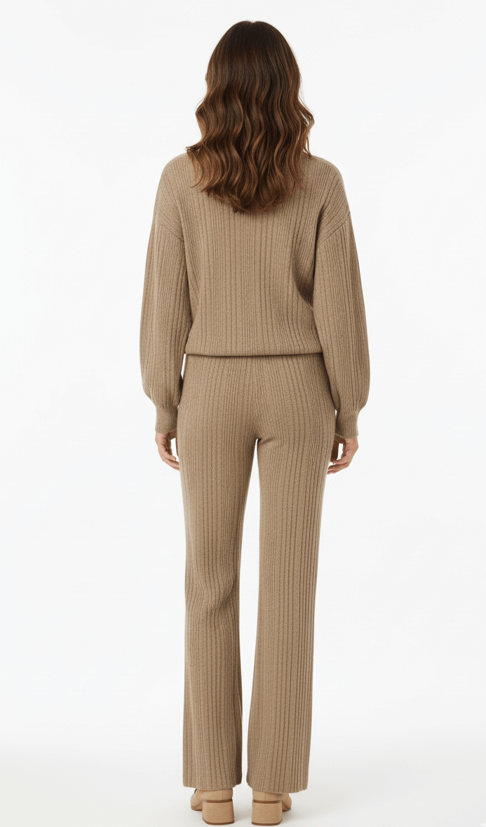 V-neck cardigan and matching wide-leg trousers co-ord set, back view