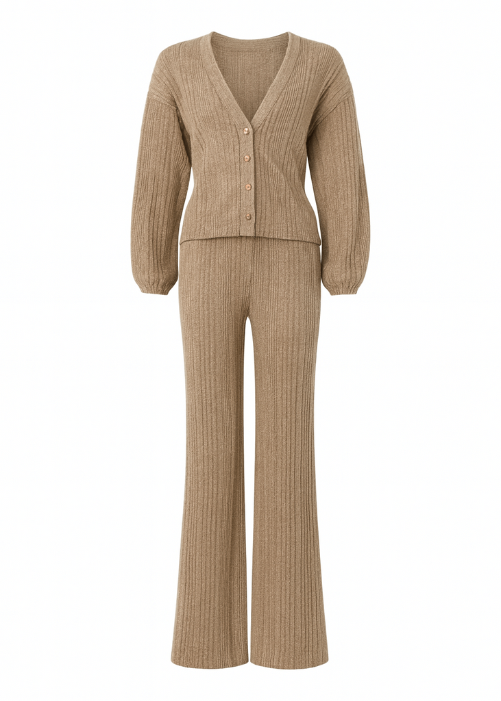 V-neck cardigan and matching wide-leg trousers co-ord set, front general view