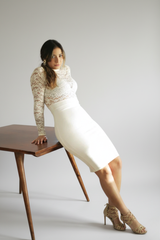 White Lace High Neck Long Sleeve Bodycon Cocktail Dress