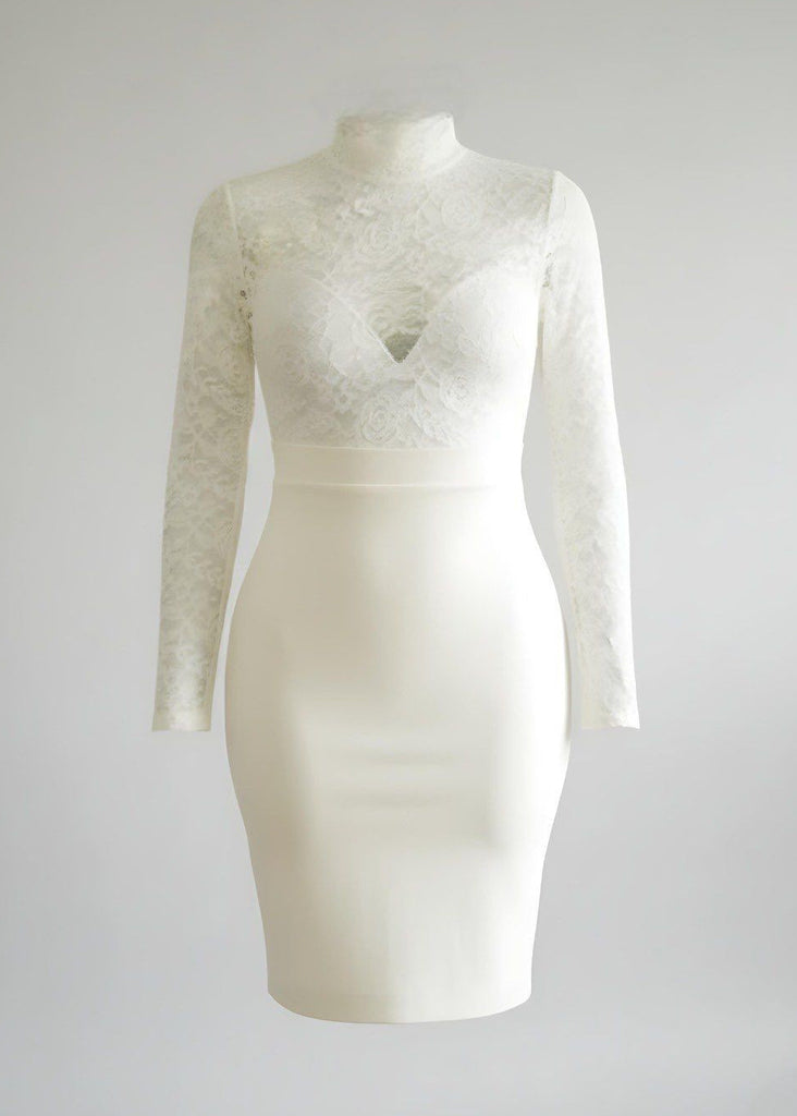 White Lace High Neck Long Sleeve Bodycon Cocktail Dress