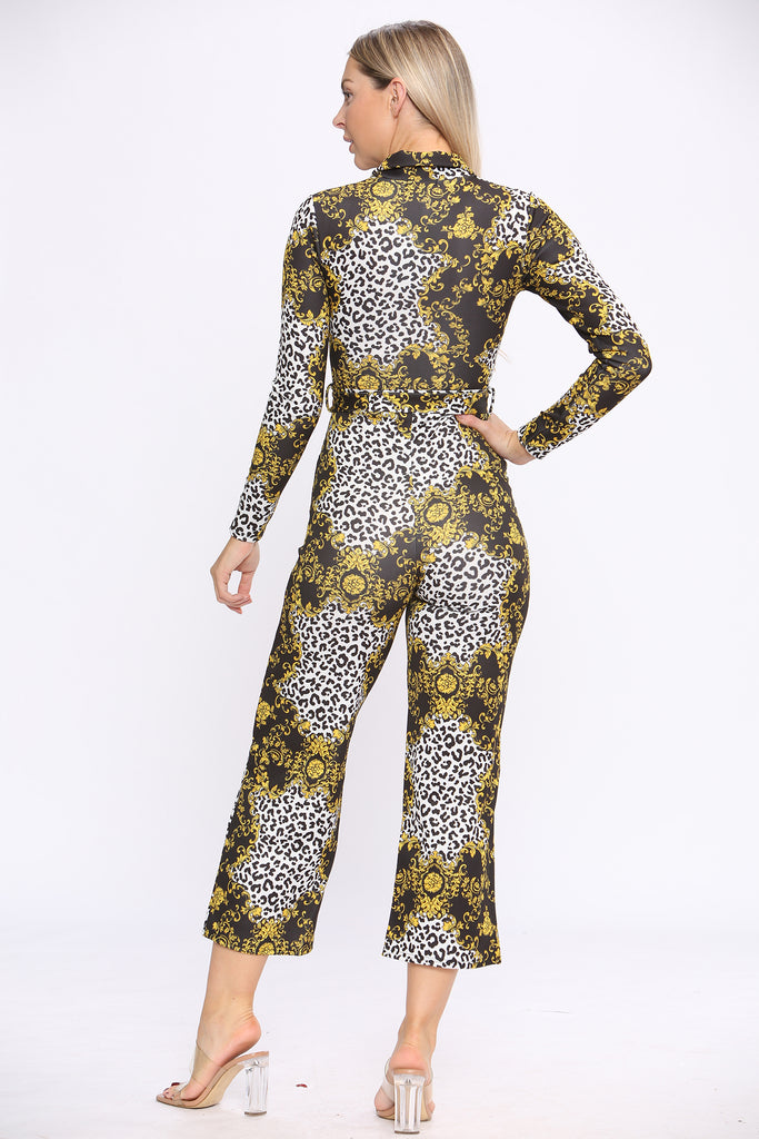 Left side view of wide leg fit statement chain print long sleeve jumpsuit